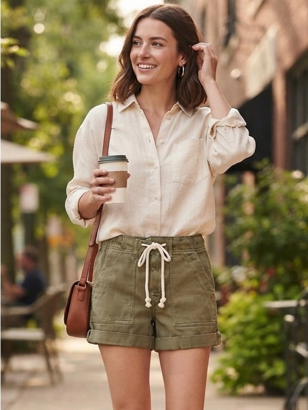 American Eagle Olive Green Utility Drawstring Cuffed Denim Shorts Cotton Cargo